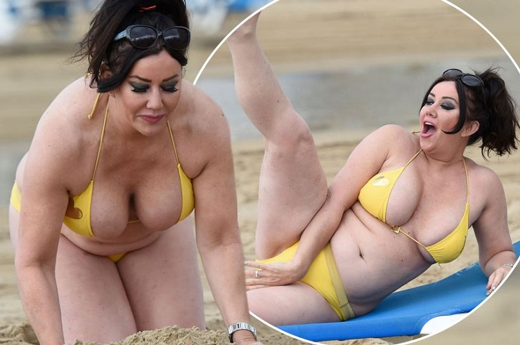 Lisa Appleton nearly suffers embarrassing wardrobe malfunction in VERY revealing bikini during sunny Spain trip
